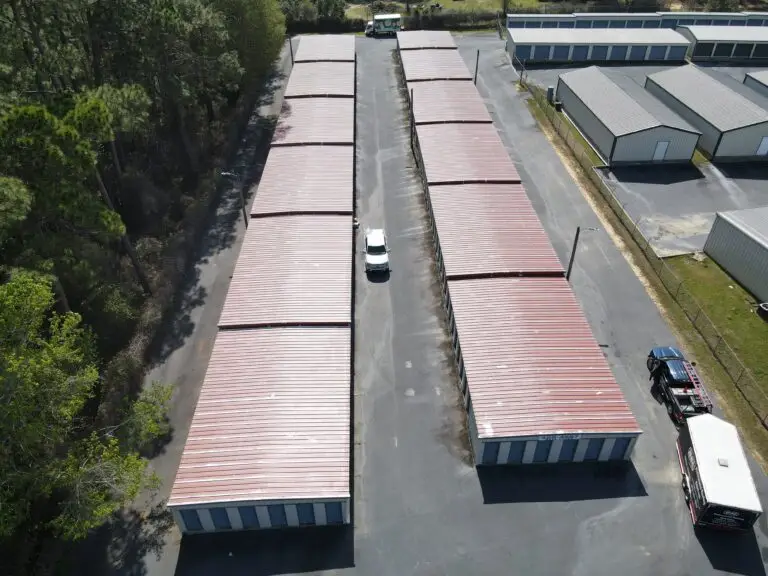 Aerial view of new metal roof on a commercial building in south Georgia